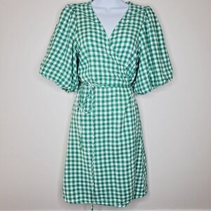 Old Navy Linen Blend Gingham Wrap Dress Sz M‎ Green Puff Sleeve Cottage Milkmaid